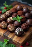 AI generated Various chocolates and berries on wooden board photo