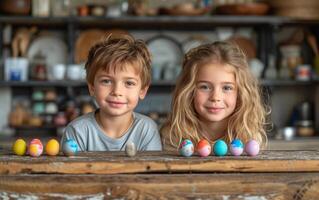 AI generated Boy and girl with Easter eggs. Kids are painting easter eggs in a kitchen photo