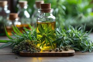 AI generated Bottle of hemp oil with cannabis leaves photo