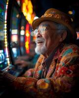ai generado mayor hombre es jugando espacio máquina a casino. foto