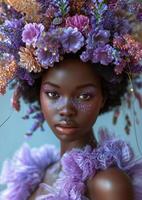 ai generado hermosa niña es vistiendo flor corona y púrpura vestir foto