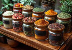 AI generated Spices and herbs on the counter in the store photo