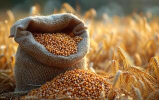 AI generated Sack of wheat on the background of wheat field photo