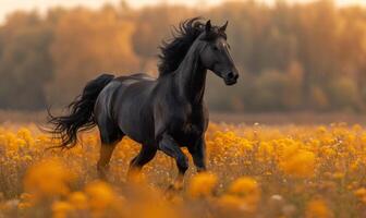 ai generado negro caballo carreras galope en el floreciente amarillo flores campo foto