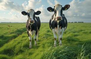 ai generado dos vacas en pie en verde campo foto