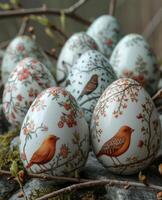 ai generado Pascua de Resurrección huevos con modelo de aves y ramas en de madera mesa foto