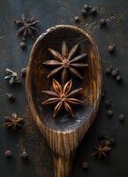 AI generated Star anise and cinnamon on wooden spoon photo