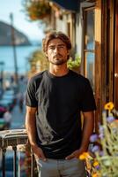 AI generated Young handsome man standing on the balcony of cafe on the sea coast photo