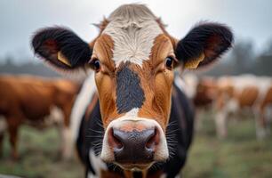 ai generado marrón y blanco vaca mira a el cámara foto