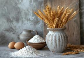 AI generated Flour in bowl wheat ears and eggs on gray background photo