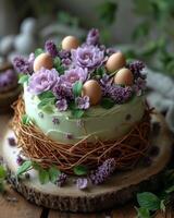AI generated Easter cake with flowers and eggs on the wooden table photo