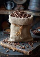 AI generated Coffee beans in sack on wooden table photo