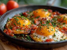 AI generated Fried eggs with tomatoes and herbs in pan photo