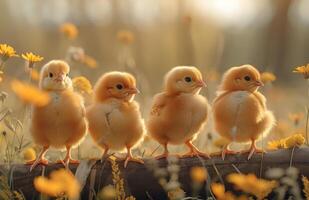 AI generated Four little chicks on the wooden fence in the morning light photo
