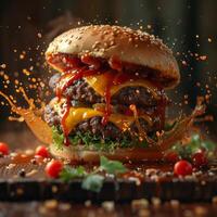 AI generated Delicious fresh burger with flying ingredients on dark background photo