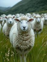 AI generated Herd of sheep. Many sheep walking in a grassy field photo