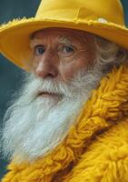ai generado un hombre vestido en amarillo con un genial blanco barba foto