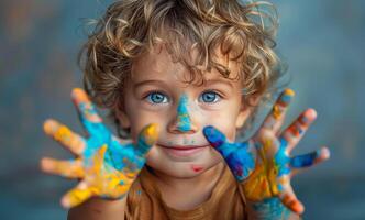 ai generado pequeño bebé chico con vistoso pintado manos. niño con pintar en su manos foto