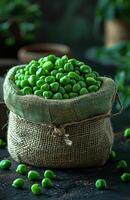 AI generated Green peas in sack on dark rustic background photo