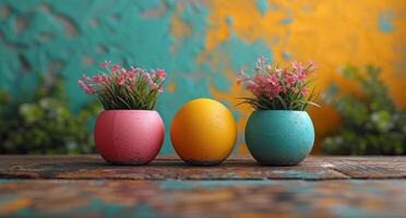 AI generated Easter eggs and pink flowers on wooden table photo