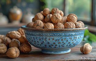 AI generated Walnuts in blue bowl on wooden table photo