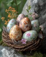 AI generated Easter eggs in nest. Painted eggs set in a basket with feathers and some flowers photo