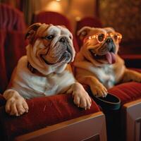 AI generated Two dogs are watching movie in cinema theater. photo