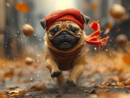 AI generated Pug dog running in the rain with scarf and autumn leaf photo