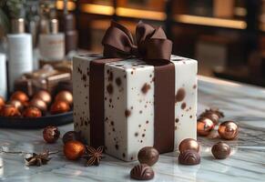 AI generated White gift box with brown ribbon is decorated with chocolate truffles and anise stars photo