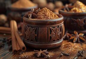 AI generated Spices and anise stars on wooden table photo