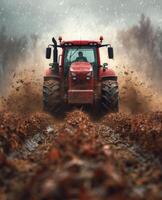 ai generado tractor trabajando en el campo durante nevada foto