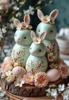 AI generated Easter cake and bunnies on wooden background photo