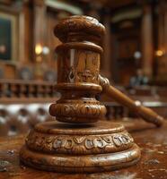 AI generated Wooden gavel rests on wooden desk in courtroom photo