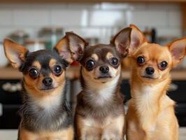 AI generated Three chihuahua dogs sitting on table in kitchen photo