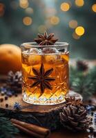 AI generated Glass of whiskey with anise and cinnamon on wooden table. Christmas lights and decorations in the background. photo