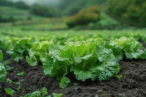 AI generated Fresh organic lettuce growing on farm photo