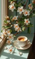 AI generated Cup of coffee with spring flowers photo