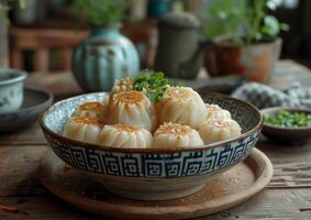 AI generated Steamed glutinous rice dumplings or zongzi in bowl on wooden table close up photo