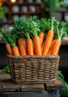 AI generated Fresh carrots in basket on wooden table photo