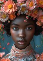 AI generated Close-up portrait of beautiful girl with wreath on her head and gerbera flowers. photo