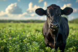 AI generated Black cow stands in green field with blue sky and clouds in the background. photo