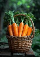 AI generated a basket with carrots sitting on a wooden surface photo