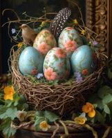 ai generado Pascua de Resurrección huevos en nido con flores y pájaro foto