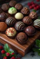 AI generated Assorted chocolate pralines on wooden board photo