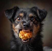 AI generated Small black dog is eating chicken nugget with its mouth wide open. photo