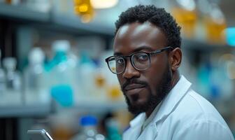 AI generated Portrait of handsome young male scientist in white coat and glasses using digital tablet while working in modern laboratory photo