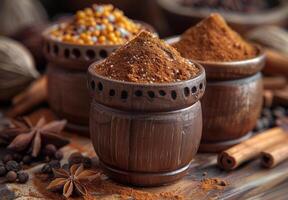 AI generated Ground spice. Three wooden bowls filled with ground spices on wooden table photo