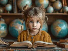 AI generated Little girl is sitting at the table with book and looking at the camera. photo