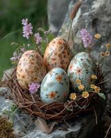 AI generated Easter eggs in nest on stone. Painted eggs set in a basket with feathers and some flowers photo