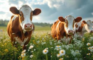 AI generated Cows on summer pasture. A several cows eating grass in a field photo